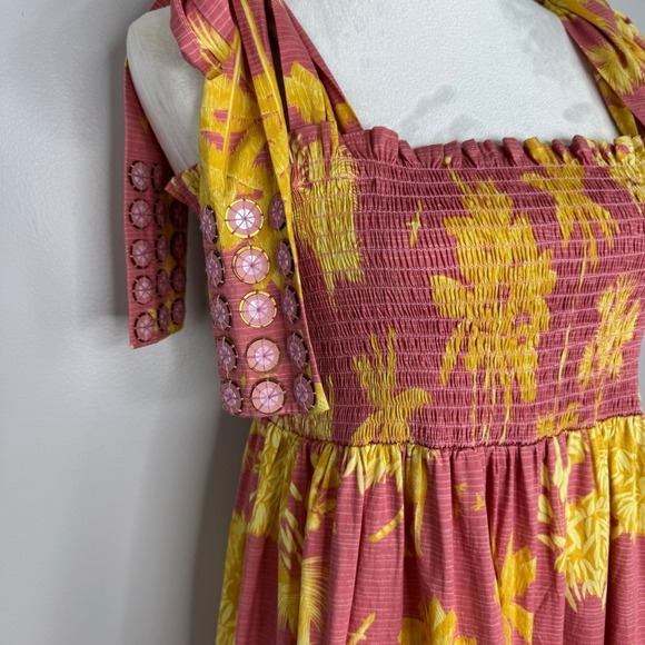 Sheridan French Kelly Dress XL Pink Yellow Floral Tie Strap Smocked Maxi Cotton - Picture 5 of 13